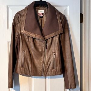 Neiman Marcus Chocolate Brown Leather Asymmetrical Zip Jacket